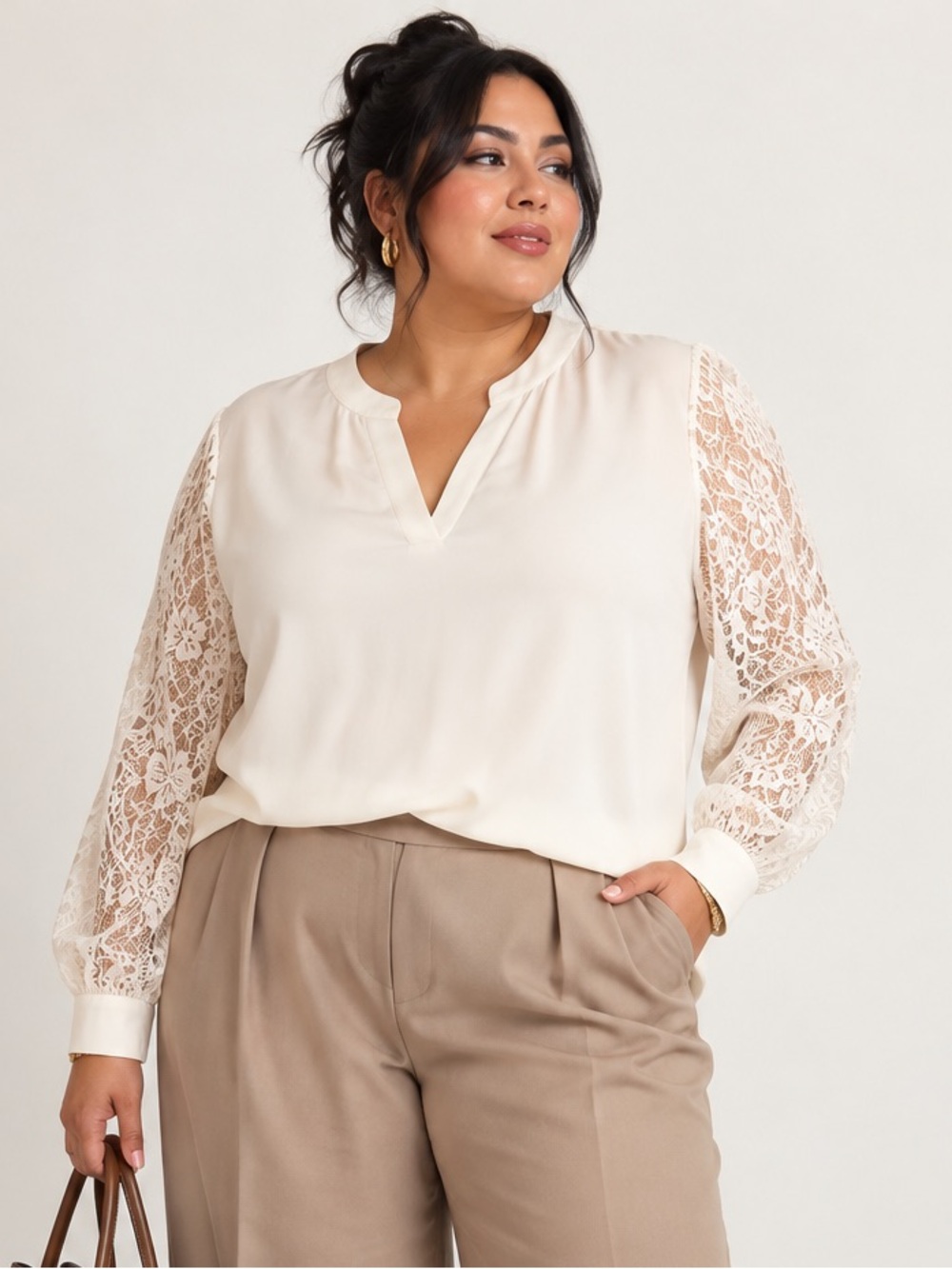 Anne Klein 3X Ivory Lace Sleeve Blouse Plus Size